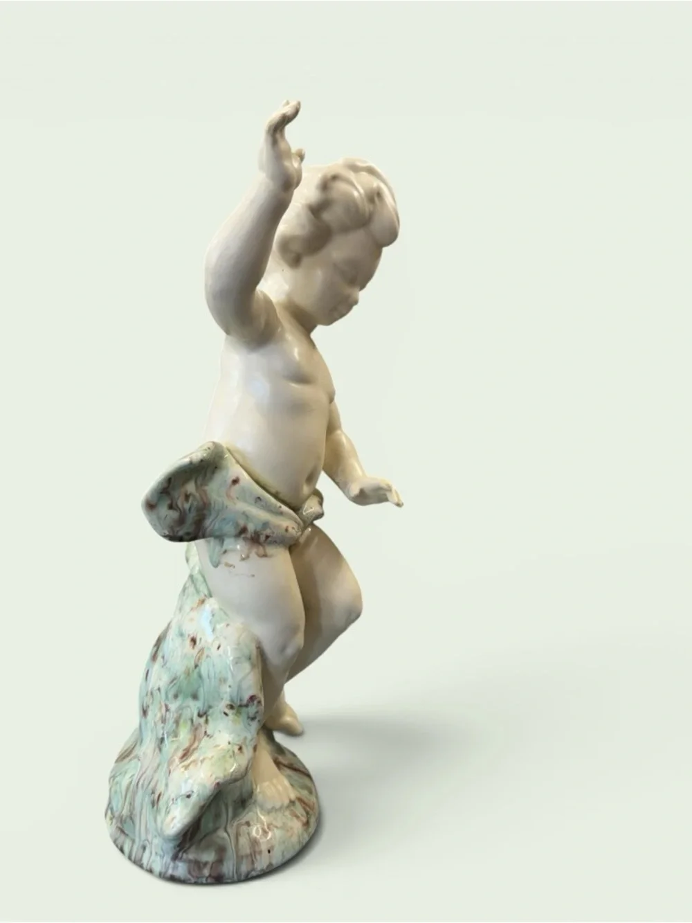 Vintage Cream Ceramic Cherub Figurine with Pale Aqua Drapery 16” x 6”